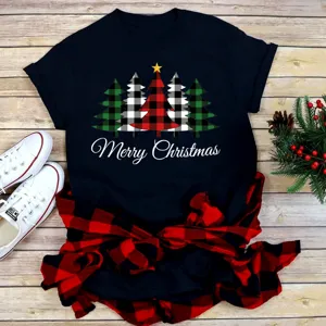 Christmas plaid tree graphic black short sleeve t-shirt with tied flannel shirt style.