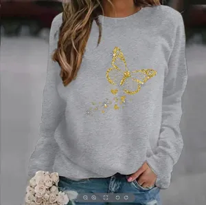 Sweat-shirt amovible à manches longues pour femmes avec motif papillon scintillant doré.