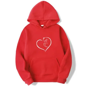 Red cat heart print long sleeve hoodie women casual pullover top autumn winter fashion