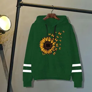 Green hoodie with sunflower butterfly print, long sleeve casual pullover for women main view.