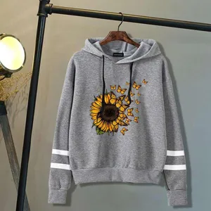 Casual grey hooded sweatshirt for women, featuring a sunflower and butterfly print with long sleeves.