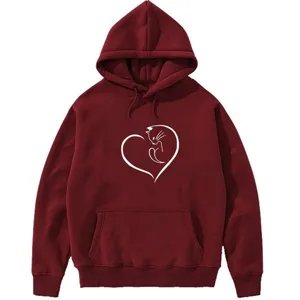 Women casual loose hooded sweatshirt autumn long sleeve maroon cat heart print pullover top
