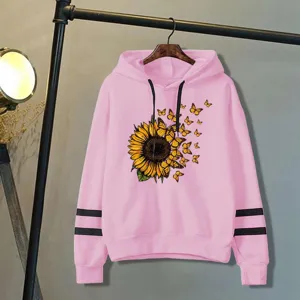 Women's pink long sleeve hooded sweatshirt featuring a vibrant sunflower and butterfly print.