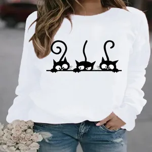 Damen lässiger weißer Langarm Sweatshirt mit süßem schwarzen Katzen Druck Pullover Top