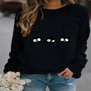 Damen lässiger, lockerer Pullover Langarm Sweatshirt mit süßem Katzenprint für Damen