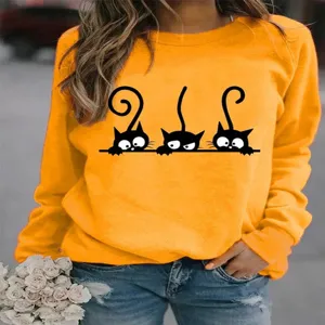 Lockerer Damen Langarm Pullover mit süßem schwarzem Katzen Druck für Herbst und Winter.