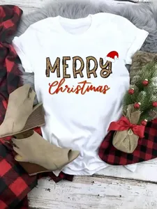 Christmas print detail view, festive graphic short sleeve top, cozy holiday flat lay design.