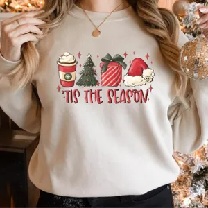 Cozy beige Christmas sweatshirt with festive graphic print, perfect holiday long sleeve top for women.