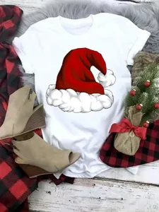 Christmas Santa hat print white short sleeve t-shirt, casual holiday graphic tee apparel.