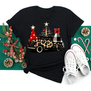 Christmas leopard print pickup truck graphic short sleeve black T-shirt casual holiday top