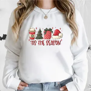 Casual white long-sleeve crewneck sweatshirt featuring a festive Christmas graphic print for women.