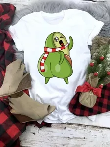 Christmas Avocado Print Short Sleeve T-Shirt Casual Cute White Top for Women Wear