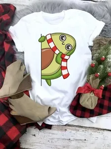Cute Christmas avocado print detail on casual white short sleeve t-shirt, holiday styled look.