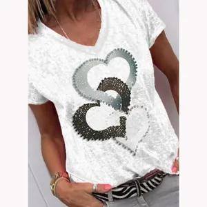 Women's Short Sleeve V-Neck White T-Shirt Casual Summer Tee with Interlocking Heart Graphic
