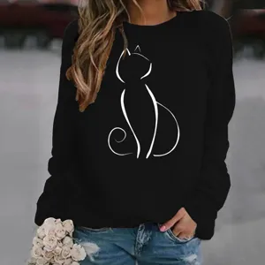 Felpa nera da donna casual a maniche lunghe con stampa artistica di gatto.