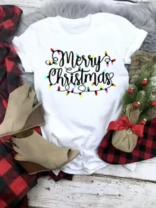 Christmas Merry Christmas Print Short Sleeve White T-Shirt Casual Holiday Women Top