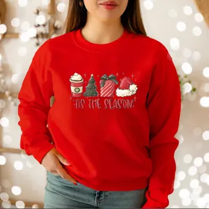 Christmas graphic red long sleeve sweatshirt casual holiday pullover top for women
