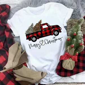 Christmas graphic short sleeve white t-shirt featuring buffalo plaid truck design for women.