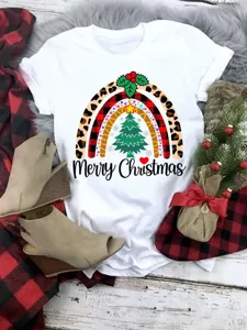 Christmas tree graphic short sleeve white t-shirt detail showing holiday print and fabric.