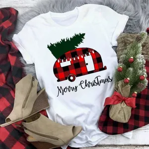 White short sleeve t-shirt with red black plaid camper Christmas tree graphic design detail.