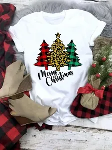 Women Christmas Tree Leopard Print Short Sleeve White T-Shirt Festive Holiday Tee Top