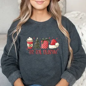 Dark grey Christmas graphic sweatshirt long sleeve casual holiday pullover top for women