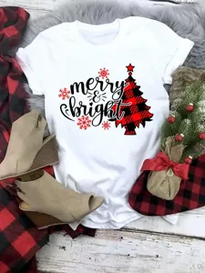 Women's Christmas Tree Graphic Print T-Shirt Festive Short Sleeve Chenille Spandex Casual White Holiday Tee Top