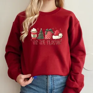 Christmas holiday graphic crewneck sweatshirt for women, cozy red long sleeve winter top.