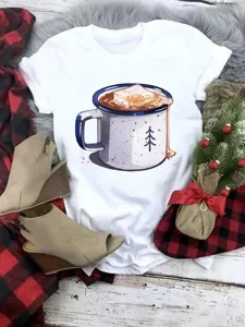 Christmas hot cocoa mug graphic print short sleeve white t-shirt casual holiday top for women