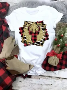 Christmas deer printed short sleeve top detailed view with festive holiday elements.