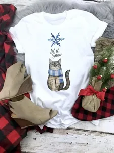 Christmas cat graphic short sleeve white t-shirt detail view with let it snow holiday print.