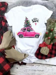 Christmas pink car print short sleeve t-shirt, cute holiday graphic women casual white top tee