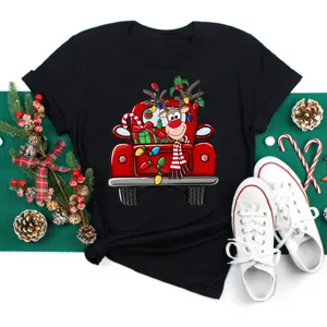 Christmas short sleeve black t-shirt with cute reindeer truck graphic print main top.