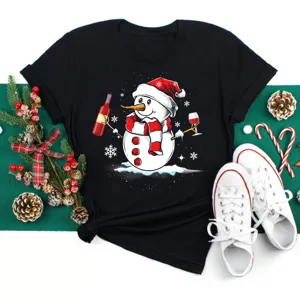 Christmas Snowman Wine Glass Print Short Sleeve T-Shirt For Men Women Casual Round Neck Linen Top Xmas Party Graphic Tee