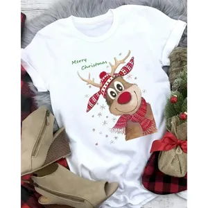 Fröhliche Weihnachten Rentier Druck Elasthan Chenille Kurzarm T-Shirt Damen Herren Rundhals Lässig Festlich Urlaub Top Kleidung