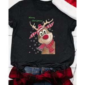 Weihnachtliches Rentier Motiv Kurzarm T-Shirt für Damen, modisches Urlaubs-Oberteil.