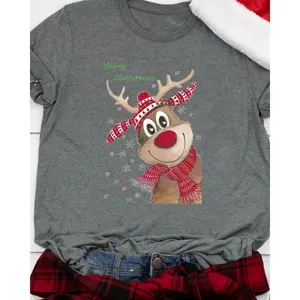 Graues Kurzarm T-Shirt mit Weihnachtsrentier Print, niedliches Feiertag Grafik Oberteil.