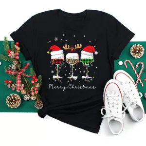Black short sleeve t-shirt featuring festive Christmas wine glasses graphic print.