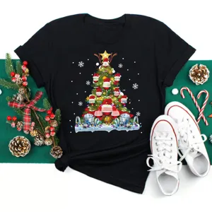 Christmas tree wine glass graphic black short sleeve T-shirt for festive holiday casual wear.
