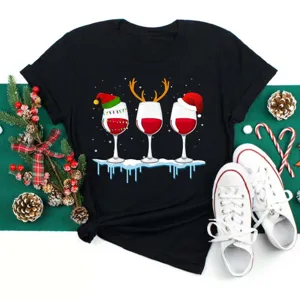 Christmas wine glasses graphic black short sleeve casual t-shirt for women holiday top