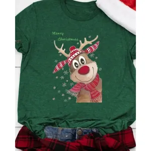 Weihnachtsrentier Grafikdruck grün Kurzarm T-Shirt Detail mit festlichem Design.