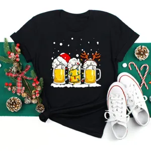 Christmas Beer Mugs Graphic Short Sleeve T-Shirt Festive Holiday Unisex Casual Tee