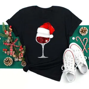 Christmas wine glass print short sleeve black T-shirt casual holiday top for women