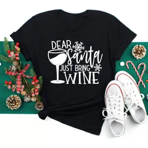 Christmas graphic tee shirt for women short sleeve casual black top with funny wine print.