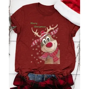Weihnachten Rentier Print rotes Kurzarm T-Shirt, festliches Freizeit Oberteil für Damen.
