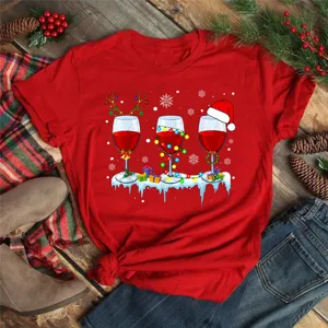 Christmas wine glass graphic red t-shirt, festive holiday short sleeve casual top for women.