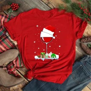 Christmas graphic short sleeve T-shirt detail featuring festive holiday wine glass design.