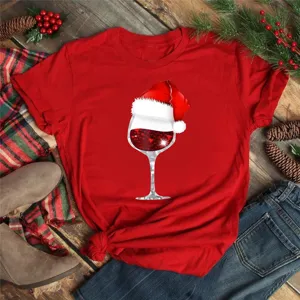 Festive Christmas red wine glass graphic print short sleeve t-shirt for casual holiday wear