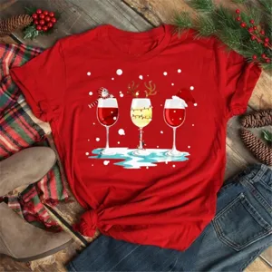 Red Christmas wine glass print short sleeve t-shirt detail, festive holiday casual graphic tee.