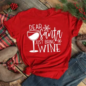 Christmas wine letter print short sleeve red t-shirt women's funny holiday tee top